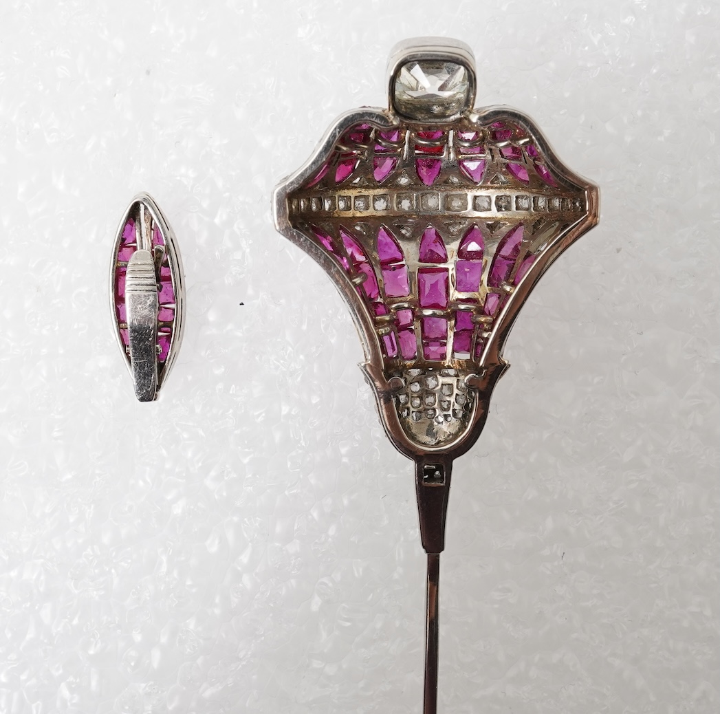 An impressive ruby and diamond jabot pin